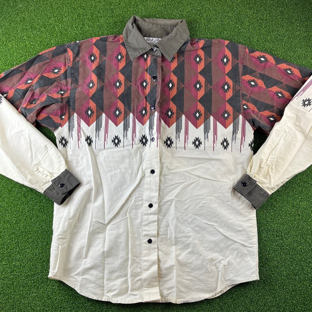 Vintage 90s Y2K Adobe Rose Aztec Multicolored Button Up Western Shirt Sz M